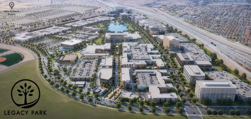 Rendering showing aerial view of Legacy Park when it is fully developed 